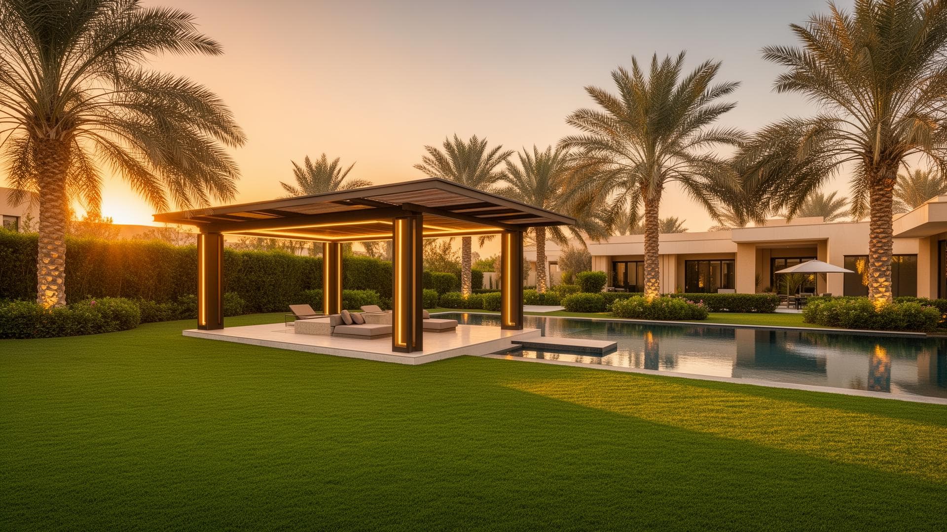 Premium landscaped villa garden in Dubai by Green Beetle